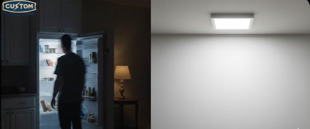 Contrast between dark room with flickering lights and bright room with consistent lighting