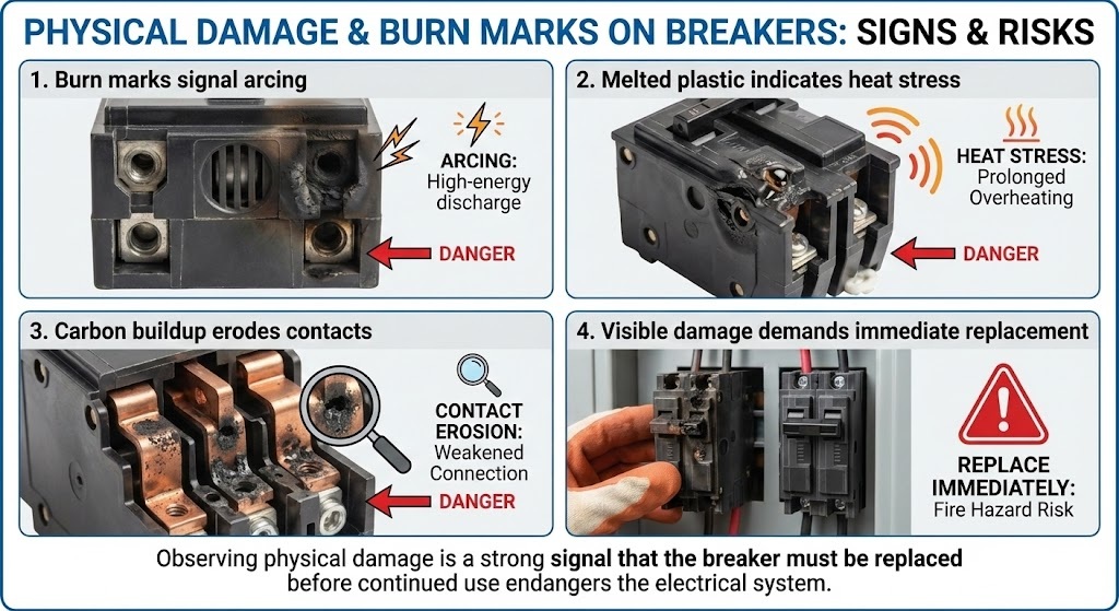 physical damage and burn marks on breakers